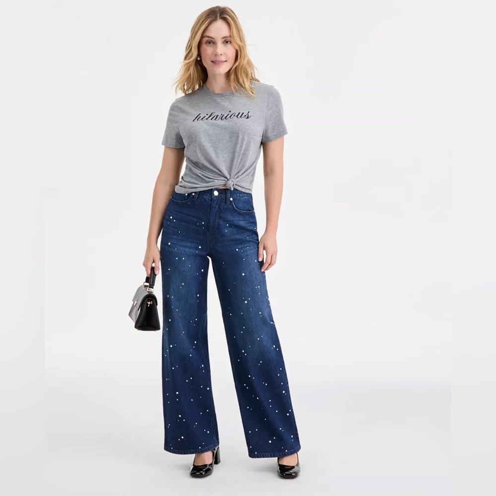 🦋Gogo Jeans wide leg denim rhinestone studded sparkle jeans high rise size-13